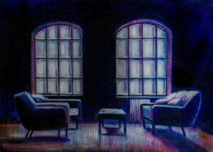 Blue interior, oil, pigments and enamel on canvas, 50x70cm, 2021