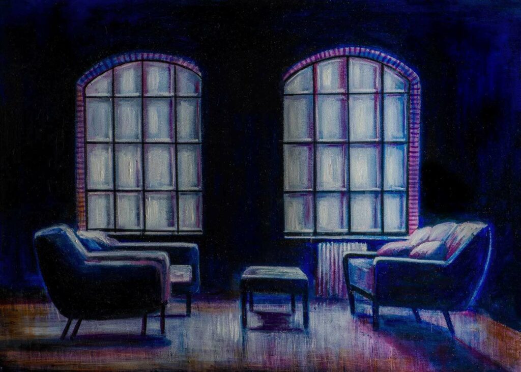 Interno blu, olio, pigmenti e smalti su tela, 50x70cm, 2021